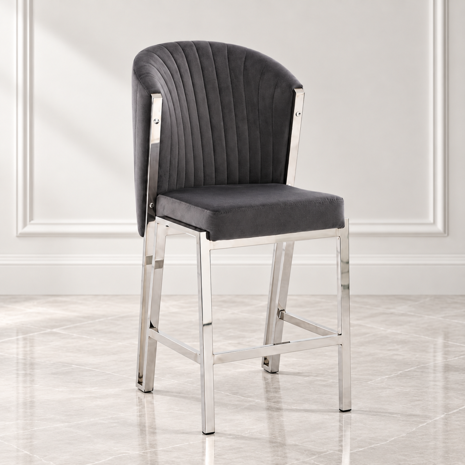 Untitled design - 2026-09-17T154128.194 Fabio Grey Velvet & Silver Breakfast Bar Stool - Image 1