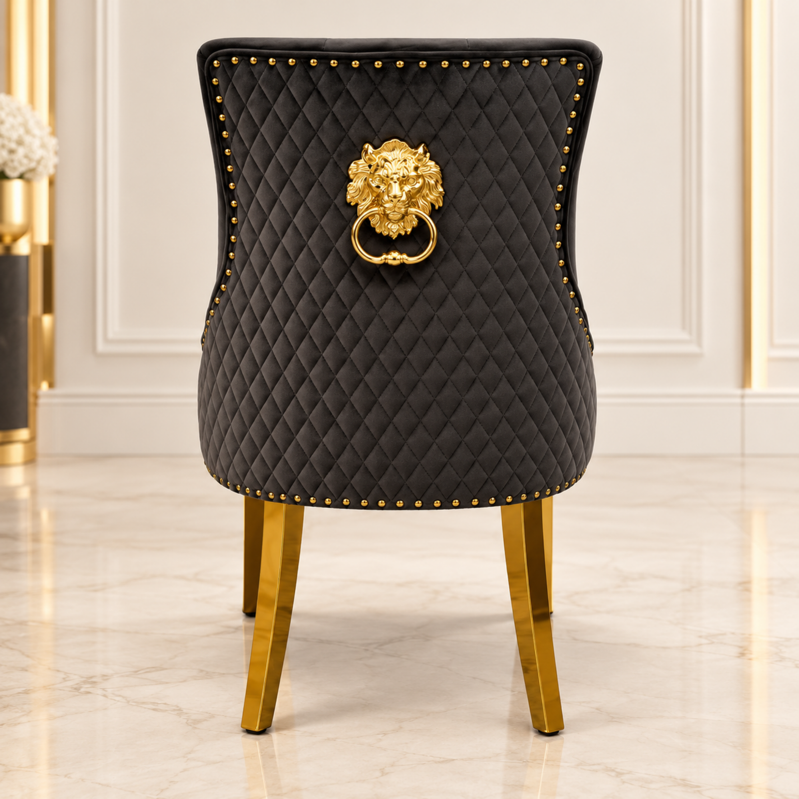 Untitled Design - 2026-10-01T104700.151 Majestic Grey Velvet Gold Lion Knocker Dining Chair - Image 1