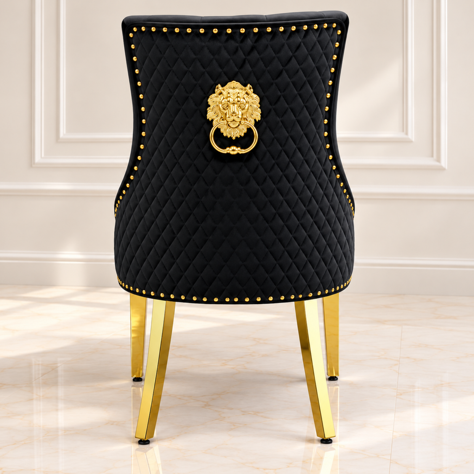 Untitled Design - 2026-10-01T110142.194 Majestic Black Velvet Gold Lion Knocker Dining Chair - Image 1